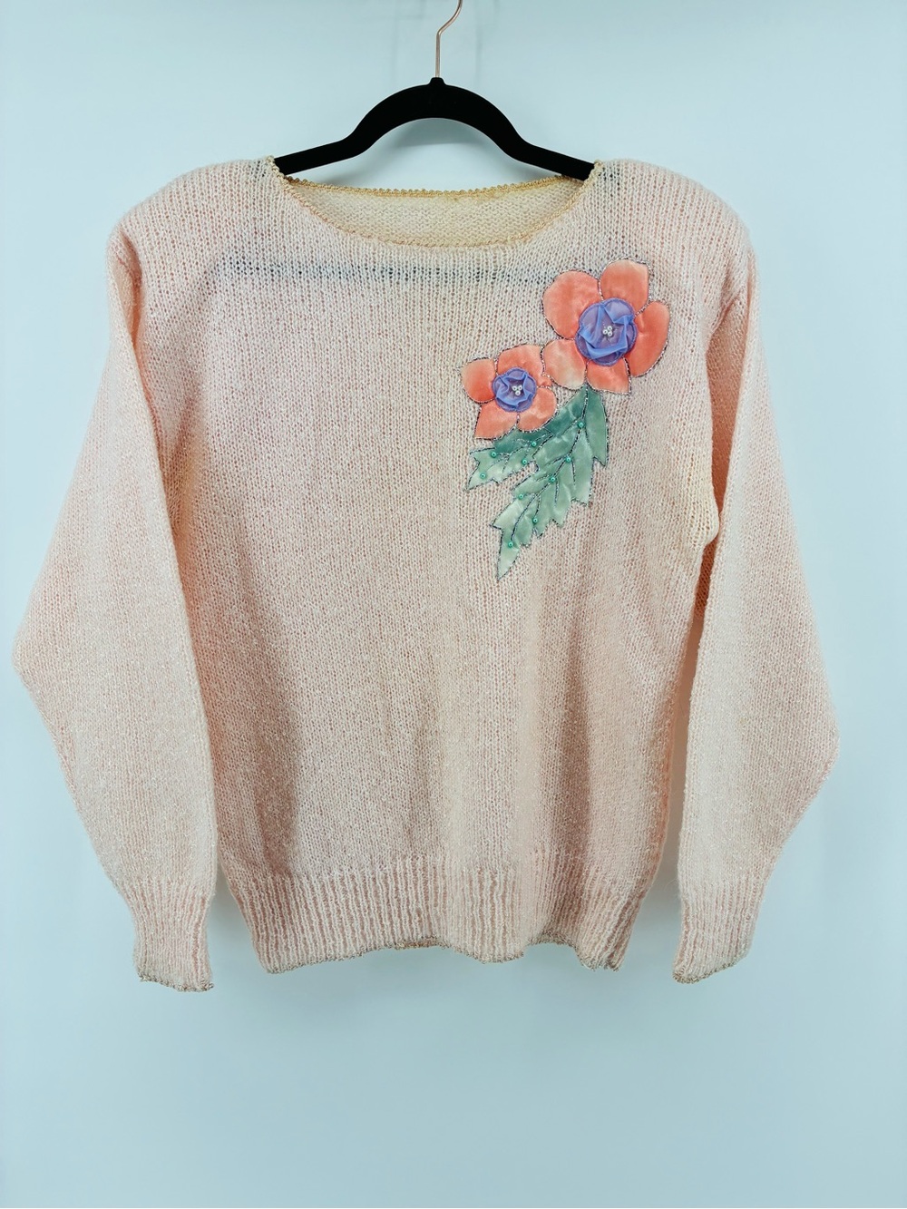 Vintage Women’s Pink Floral Appliqué Knit Sweater
